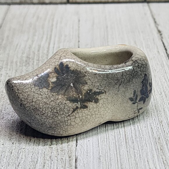 Vintage Miniature Porcelain Clog Shoe Figurine Hand Painted Glazed 2'' Gray - Picture 2 of 7